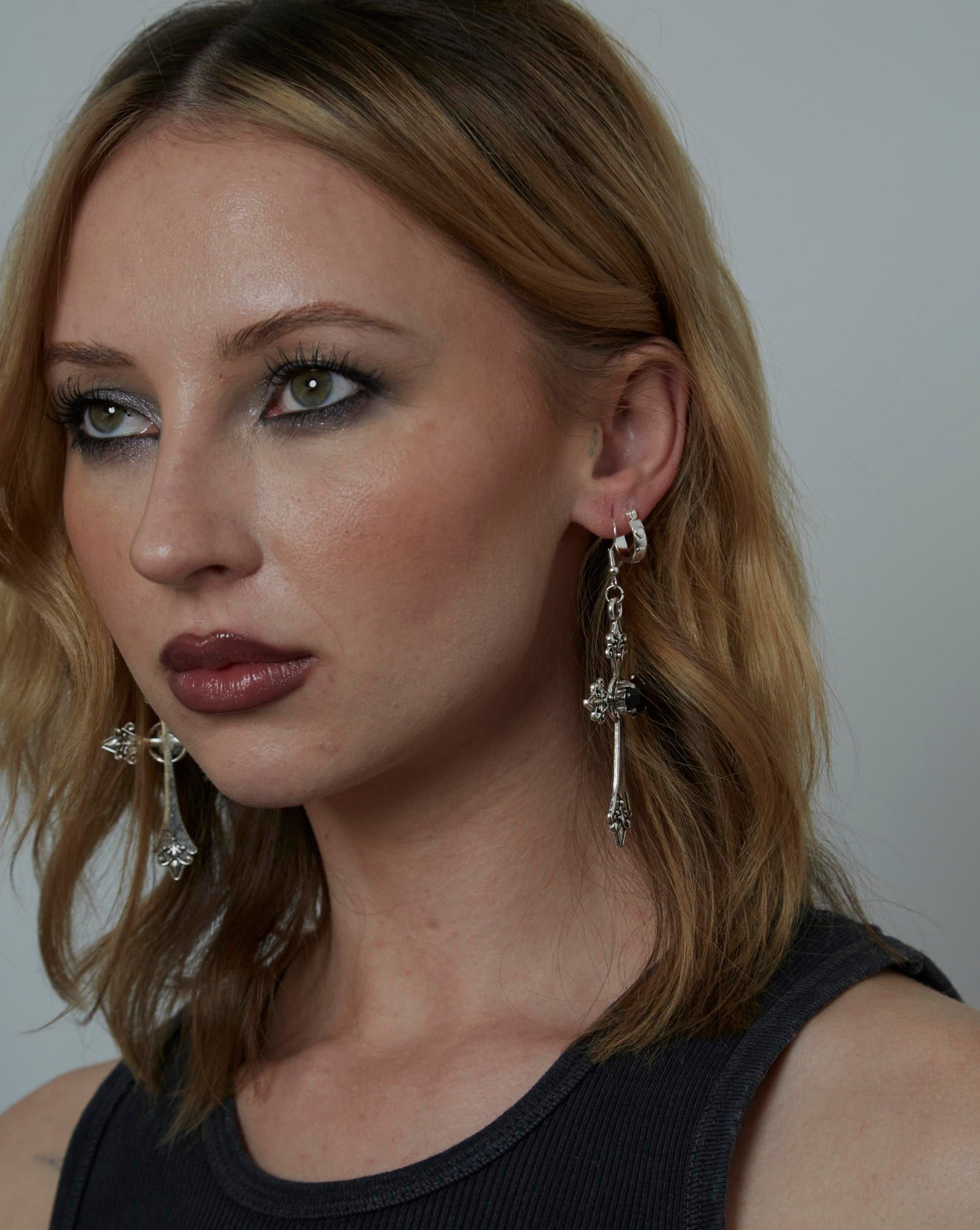 Large Silver Gothic Cross with Black Gemstone Charm Earrings