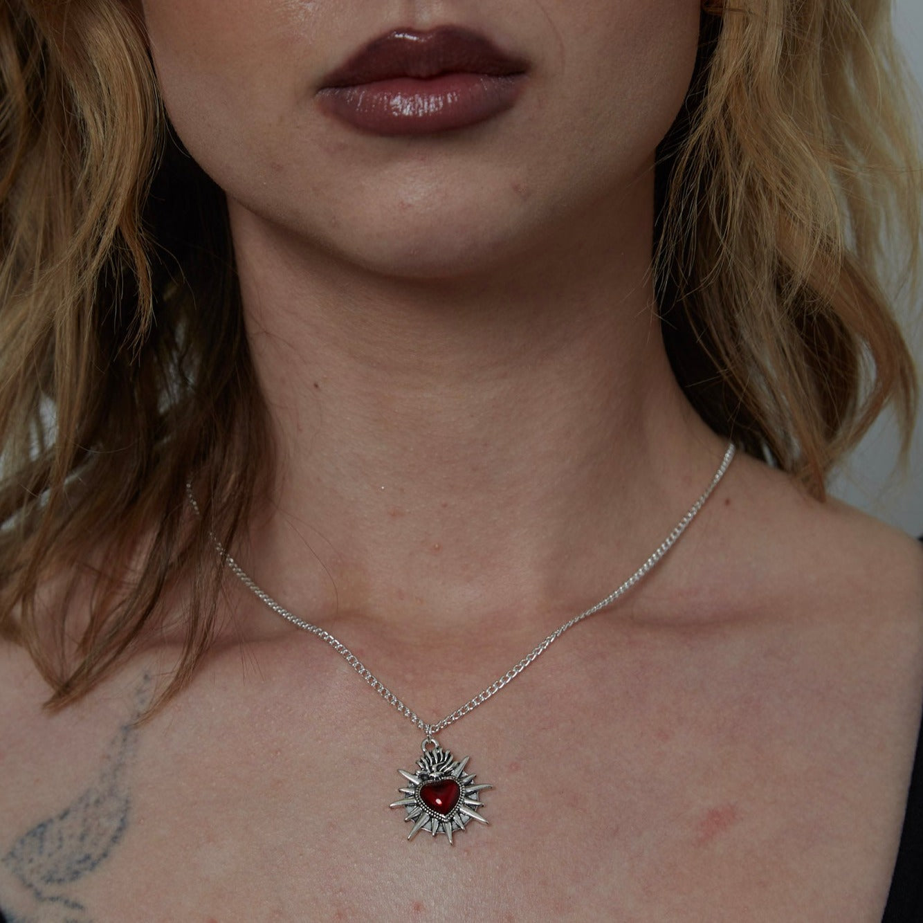 Silver Sacred Flaming Red Heart Charm Necklace