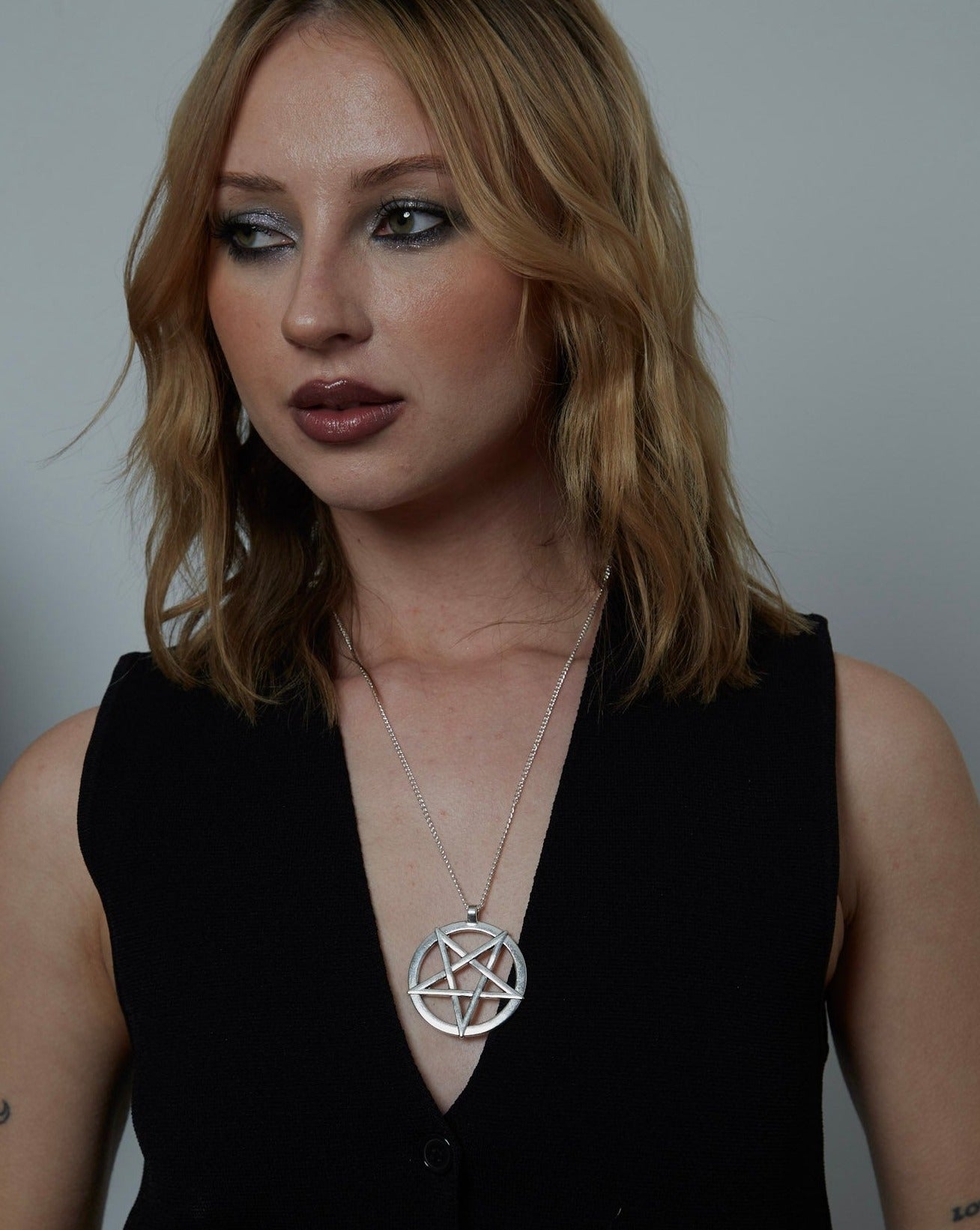 Large Silver Gothic Pentagram Charm Necklace