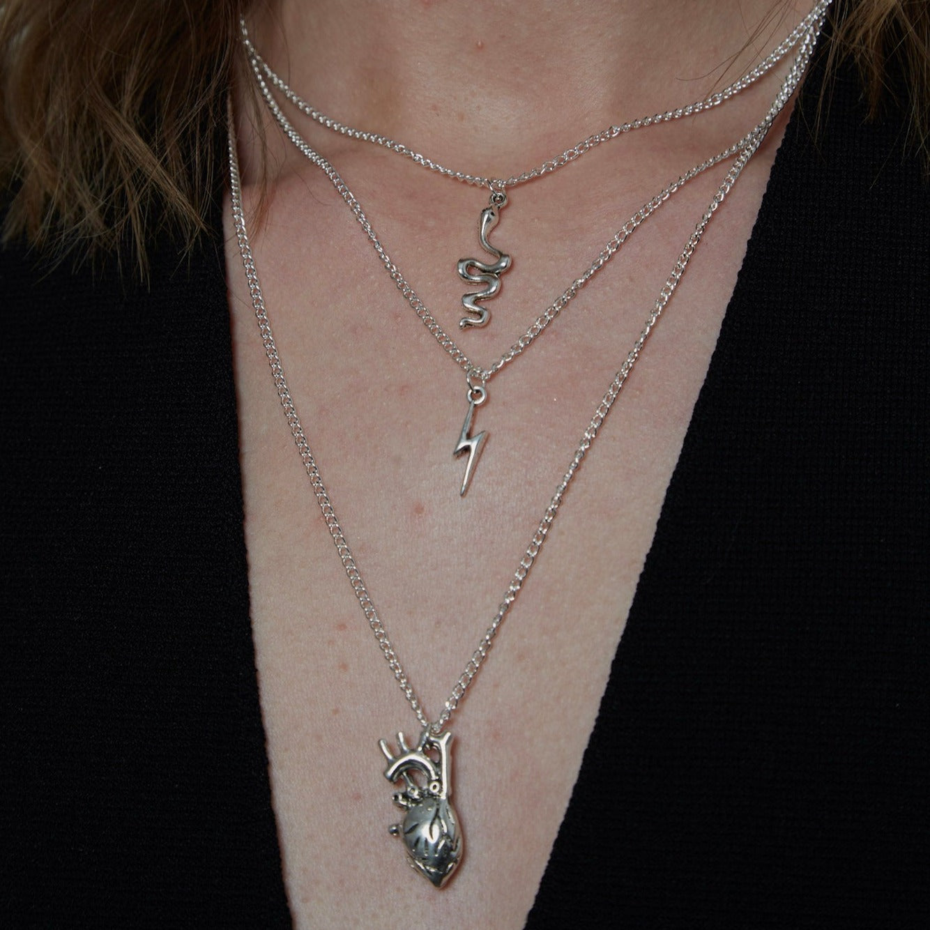 Layered Personalised Silver Gothic Charms 3 Necklace Set