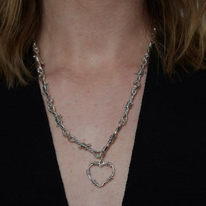 Silver Gothic Barbed Wire Heart Necklace