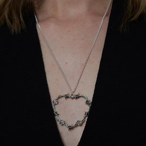 Silver Large Barbed Wire Rose Heart Charm Necklace
