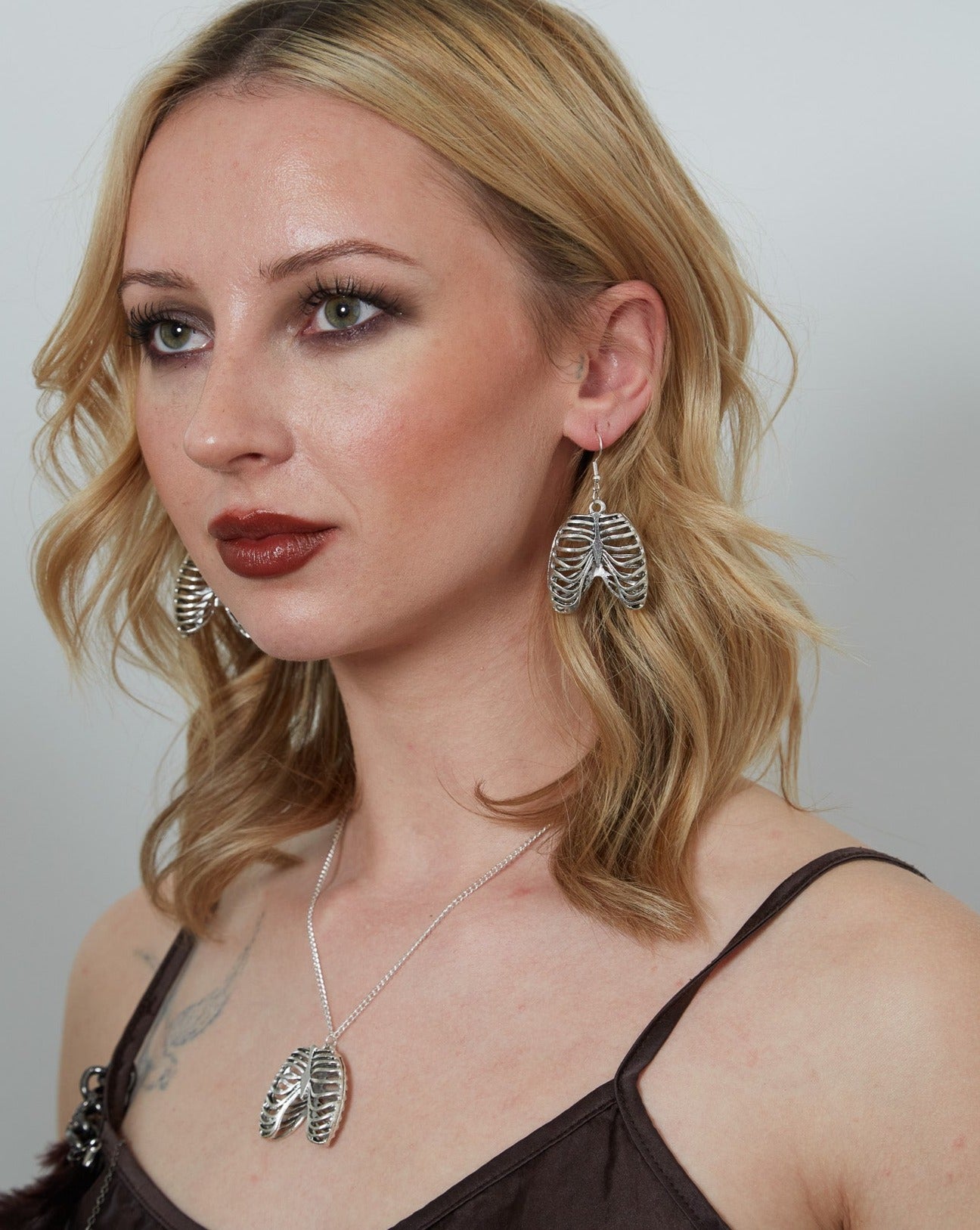 Large Gothic Silver Rib Cage Charm Earrings