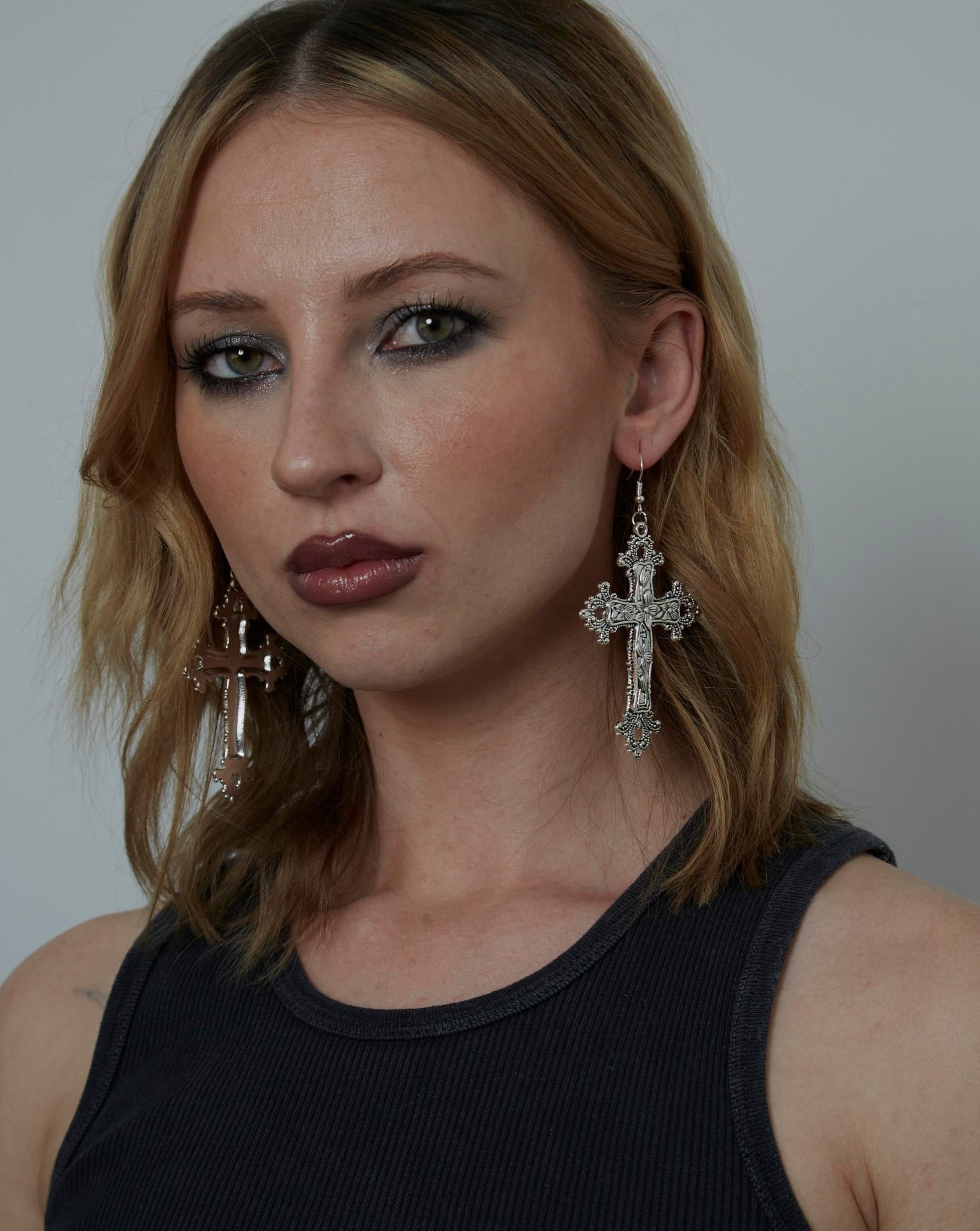 Large Silver Gothic Punk Cross Charm Earrings