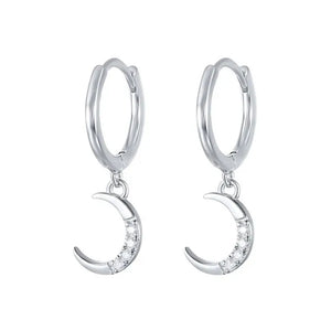 Sterling Silver 925 Crystal Moon Drop Charm Earrings