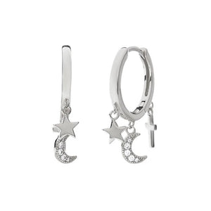 Sterling Silver Crystal Moon Star & Cross Drop Charm Earrings