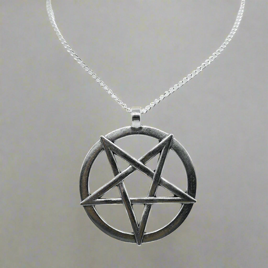 Large Silver Gothic Pentagram Charm Necklace