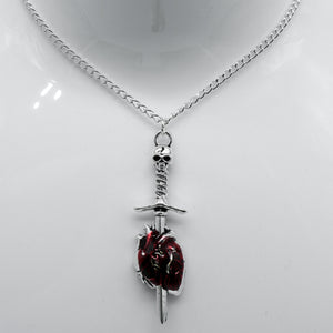 Silver Skull Sword Heart Charm Necklace