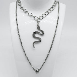 Large Silver Snake & Ring Layered Necklace Set