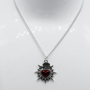 Silver Sacred Flaming Red Heart Charm Necklace