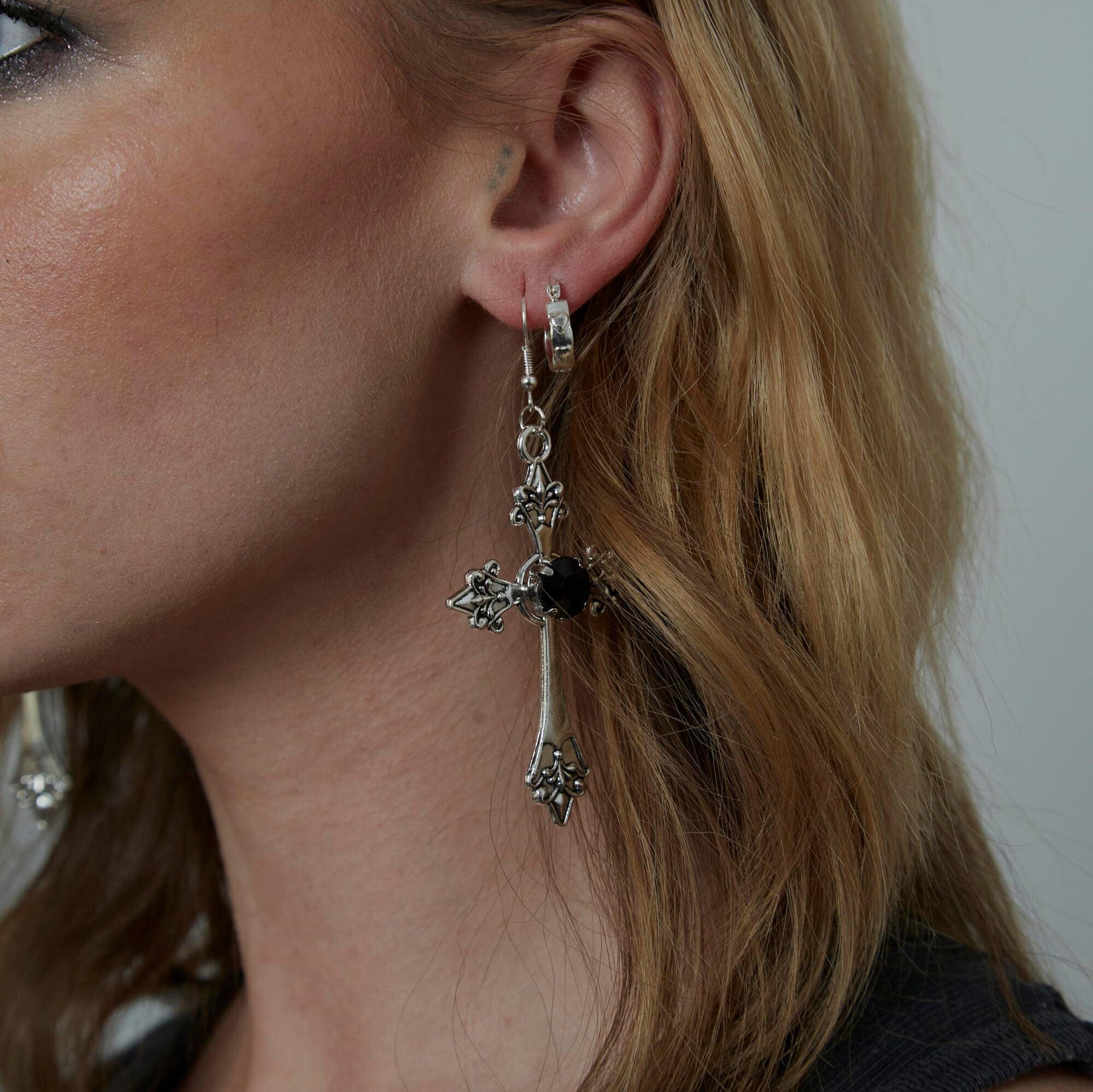 Large Silver Gothic Cross with Black Gemstone Charm Earrings