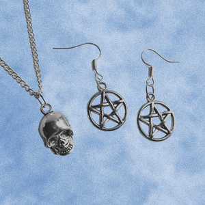 Gothic Silver Charms Jewellery Set - Skull Necklace and Pentagram Earrings
