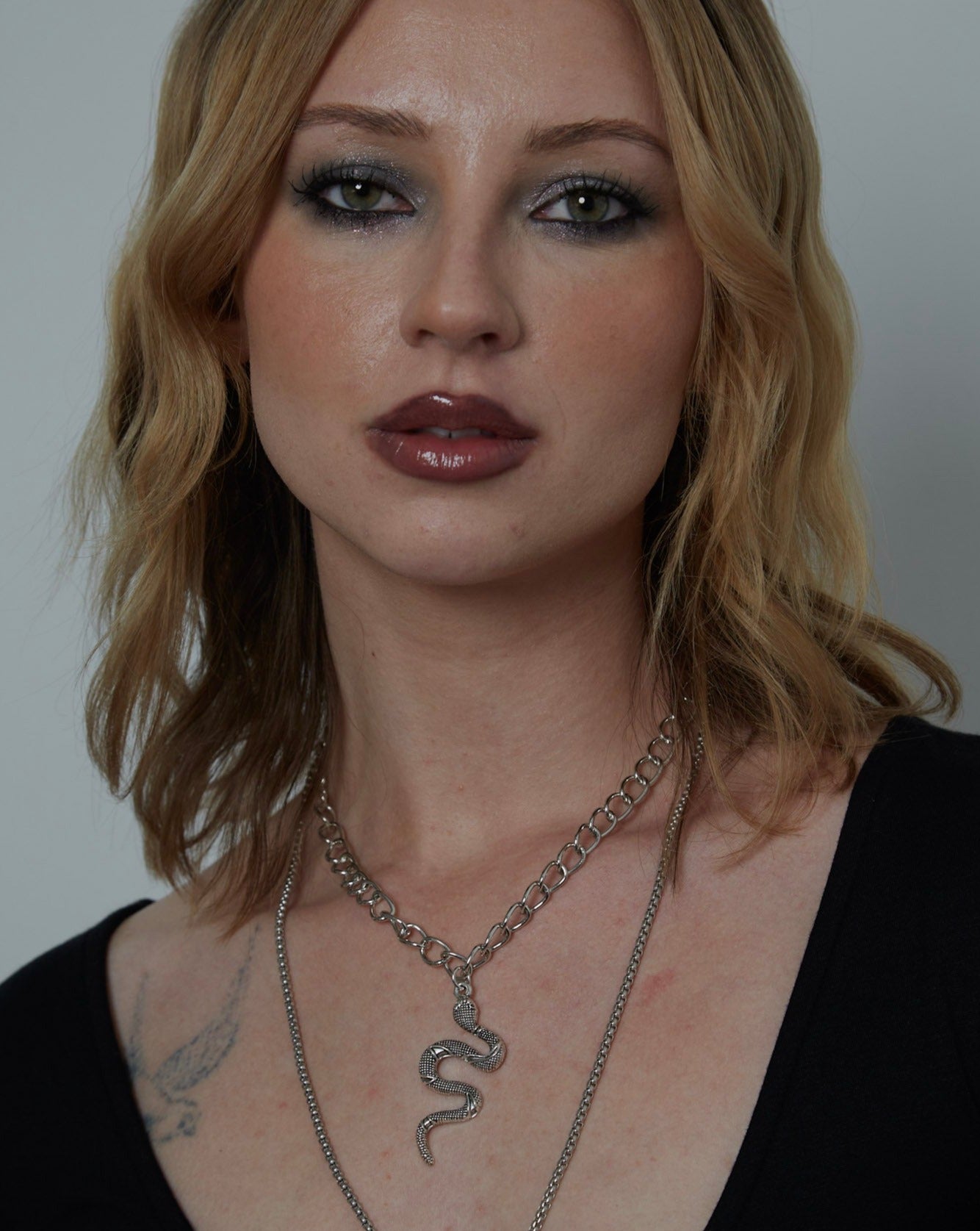 Large Silver Snake & Ring Layered Necklace Set