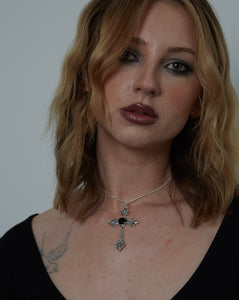 Silver Gothic Cross with Black Gemstone Charm Necklace