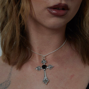 Silver Gothic Cross with Black Gemstone Charm Necklace