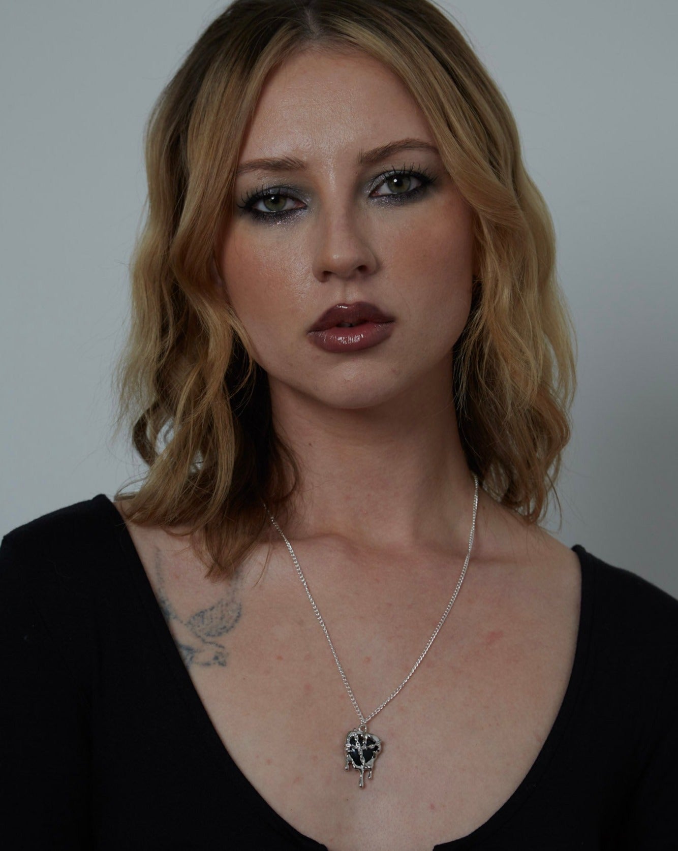 Silver Black Resin Melting Heart Charm Necklace