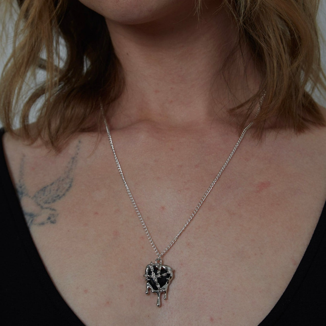 Silver Black Resin Melting Heart Charm Necklace