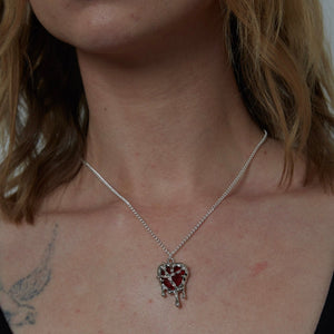 Silver Red Resin Melting Heart Charm Necklace