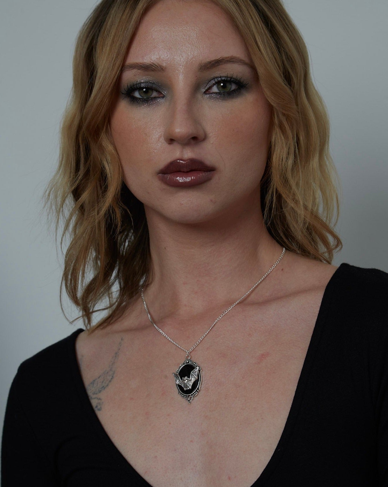 Silver Gothic Black Vampire Bat Framed Charm Necklace