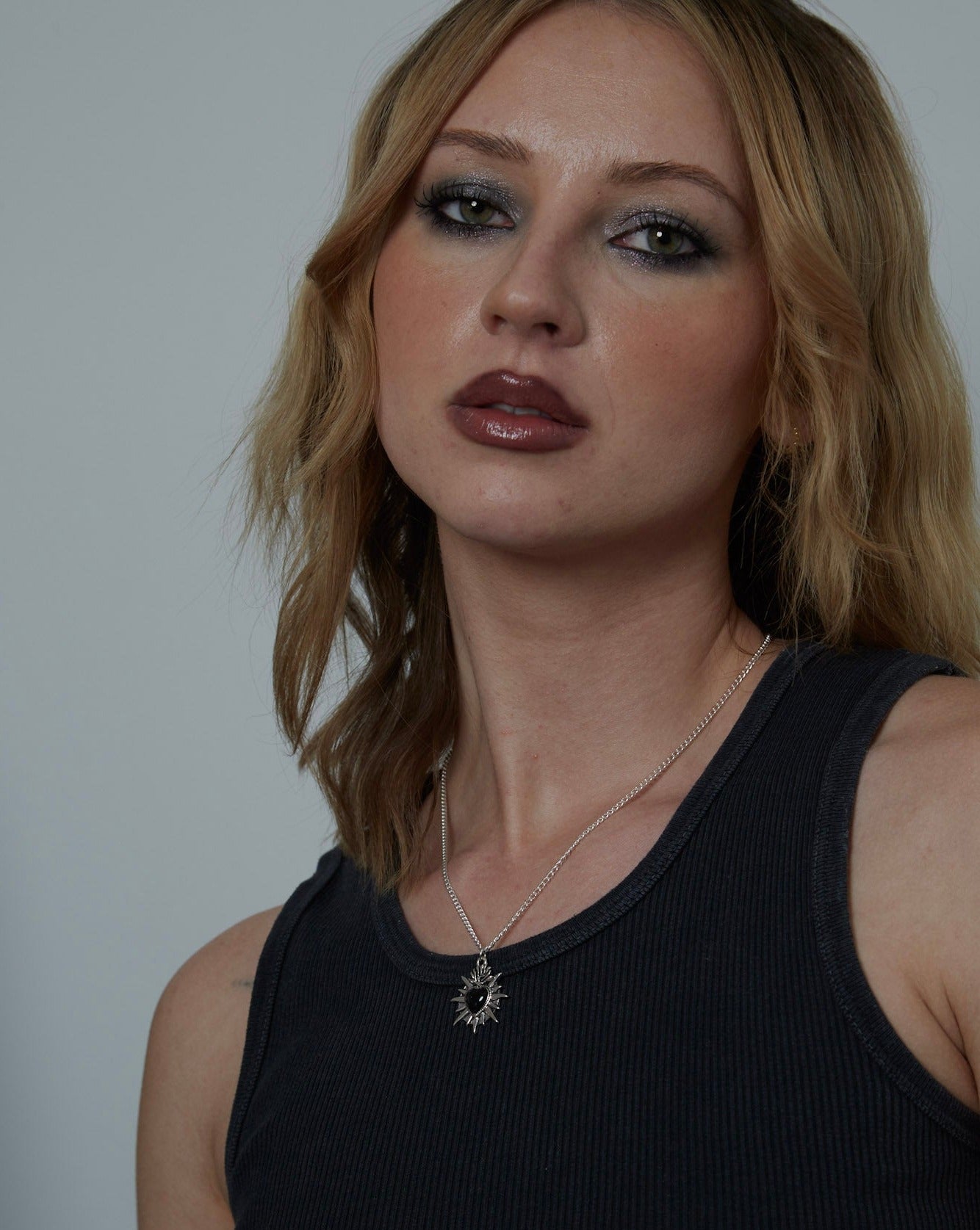 Silver Sacred Flaming Black Heart Charm Necklace