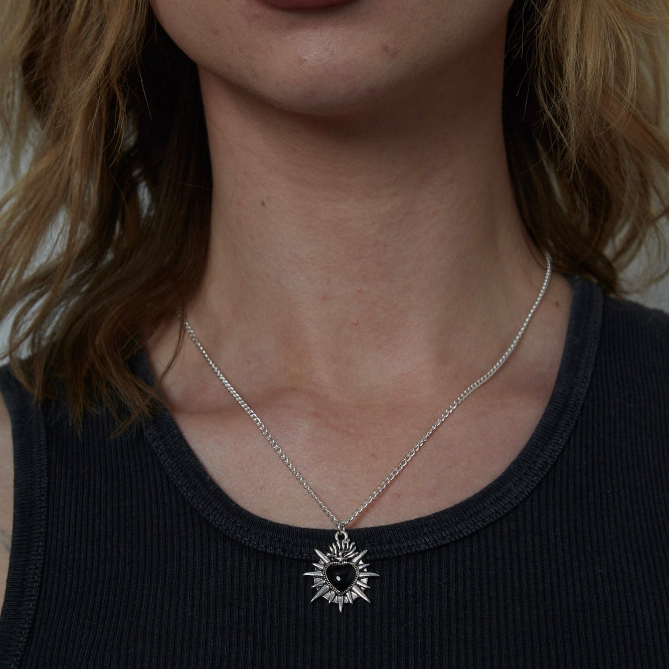 Silver Sacred Flaming Black Heart Charm Necklace