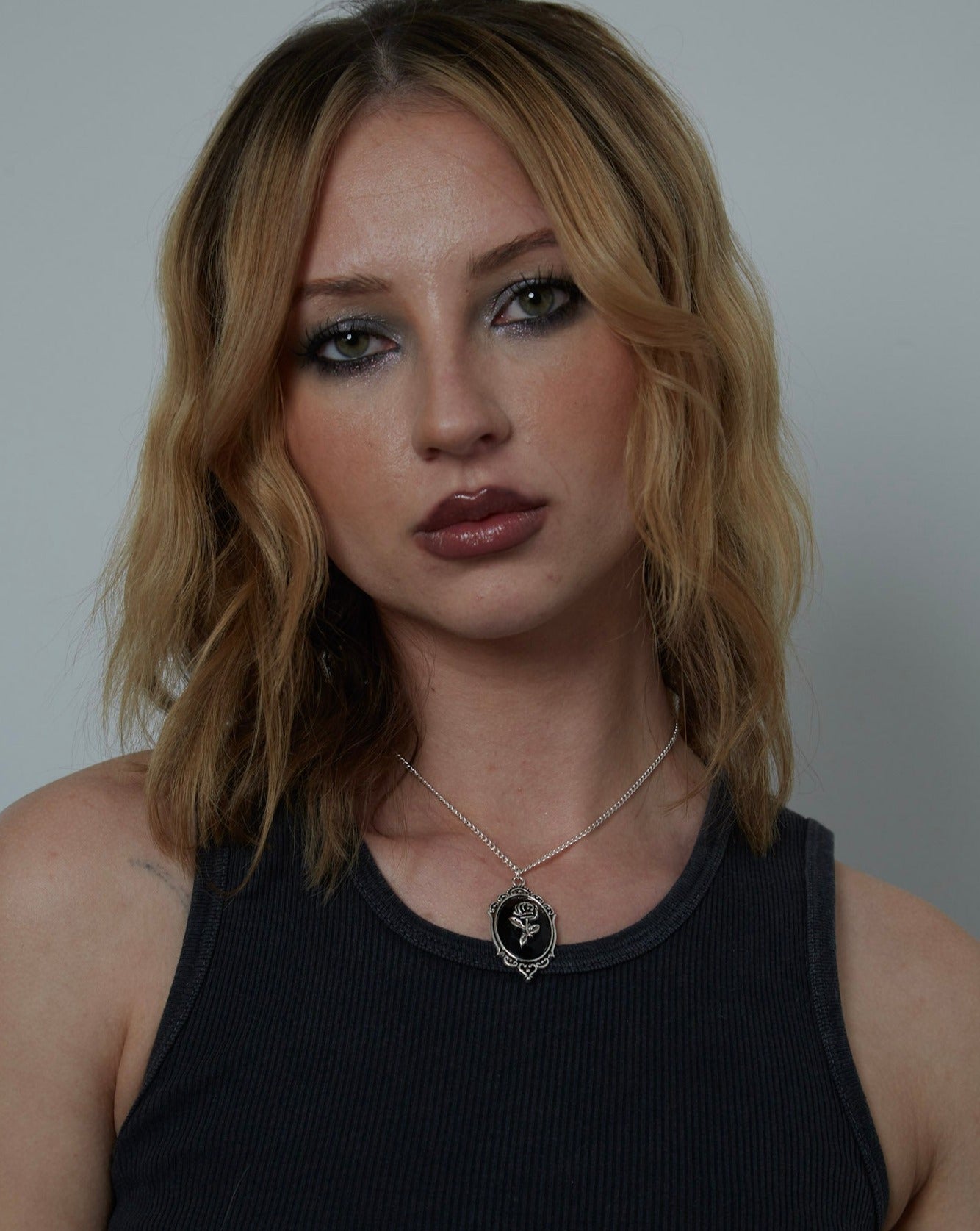 Silver Gothic Black Rose Frame Charm Necklace