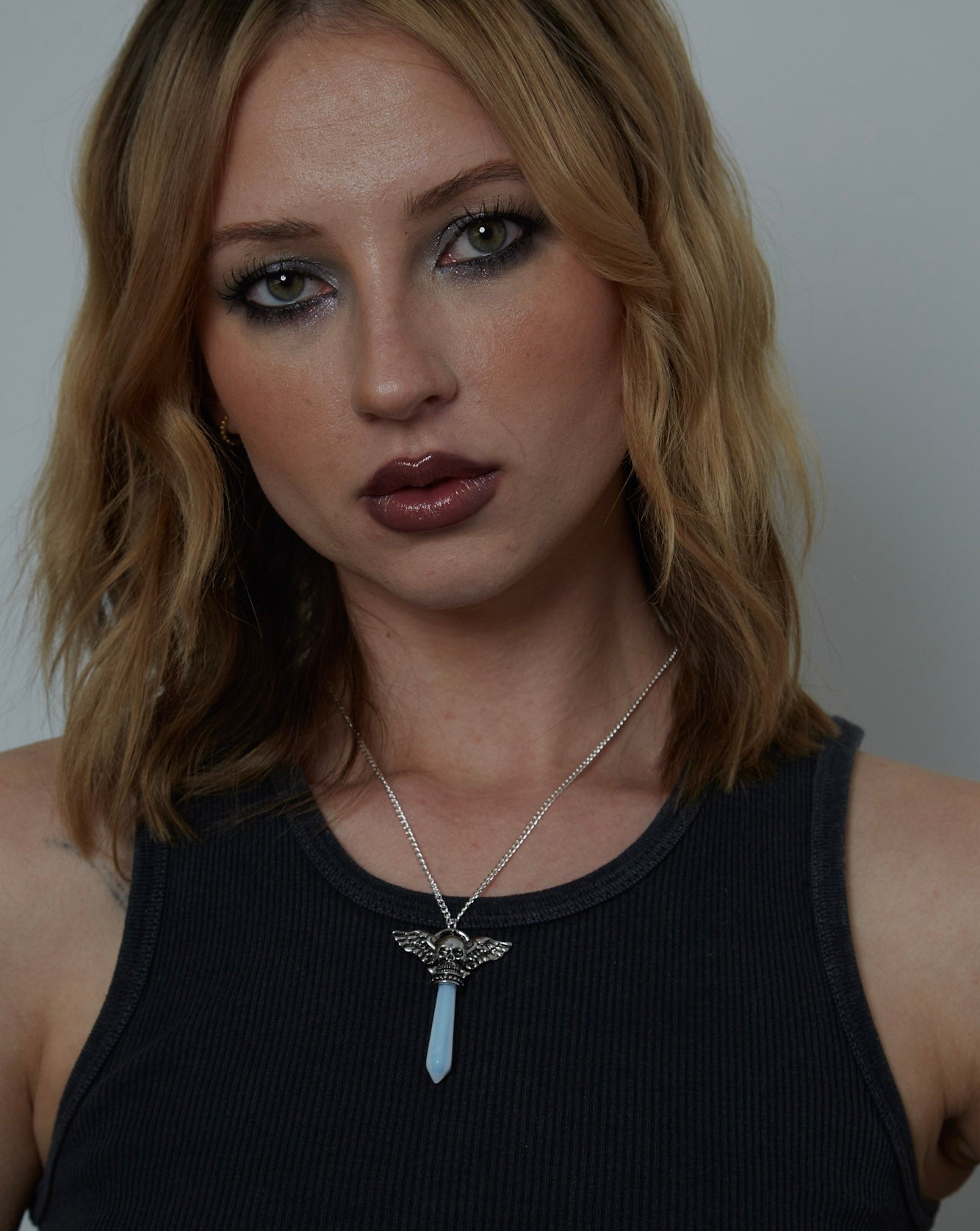 Silver Opal Dagger Skull Charm Necklace