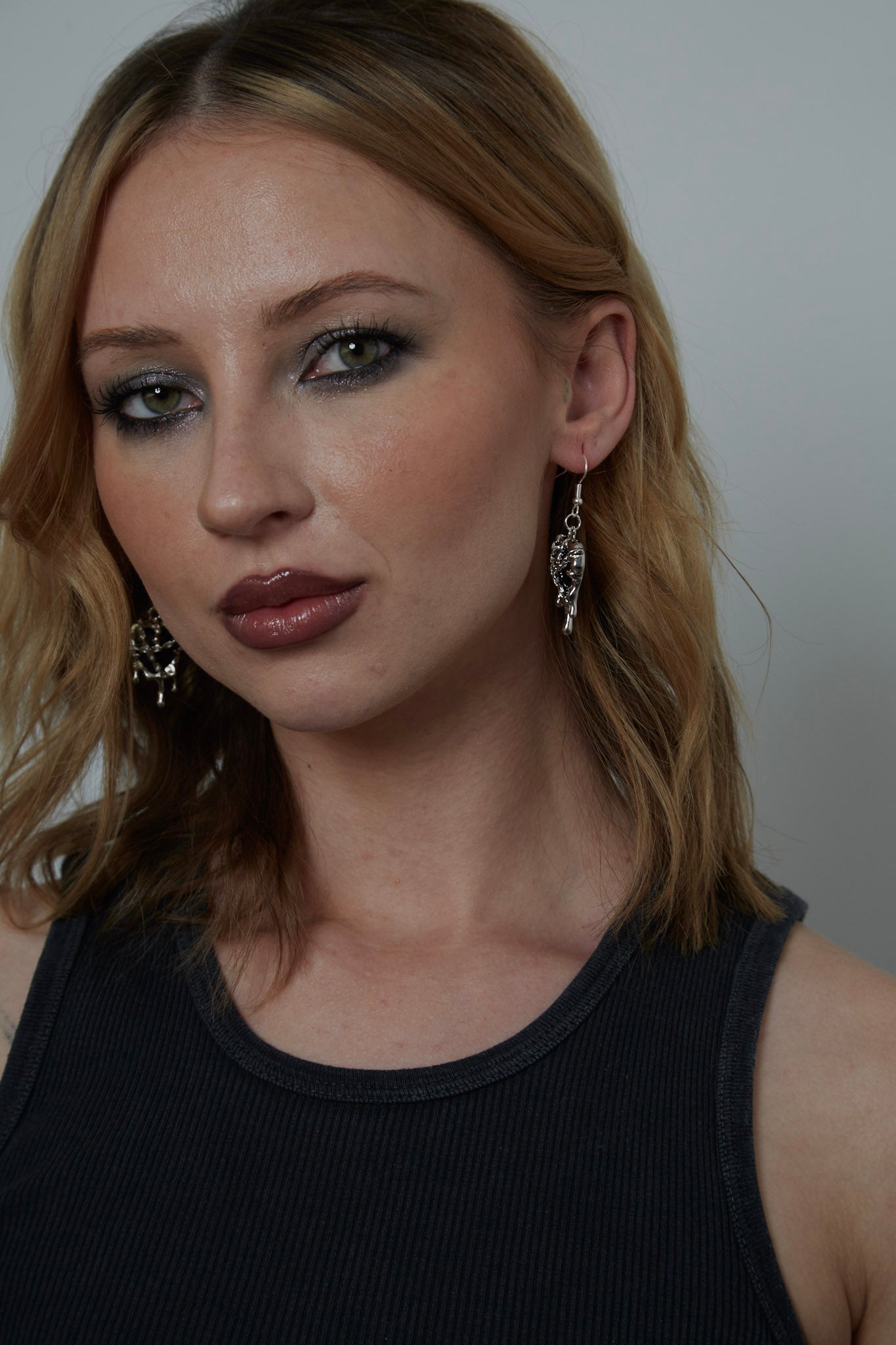 Silver Black Resin Melting Heart Charm Earrings