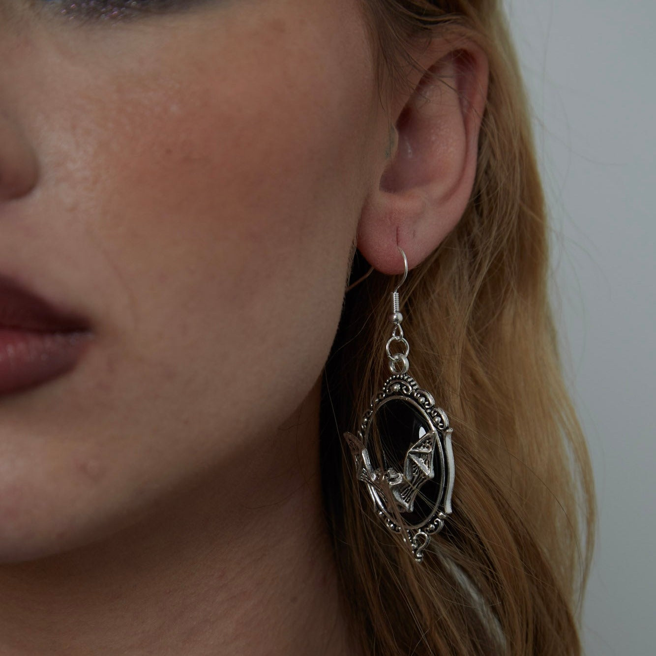 Large Silver Gothic Bat Frame Charm Earrings