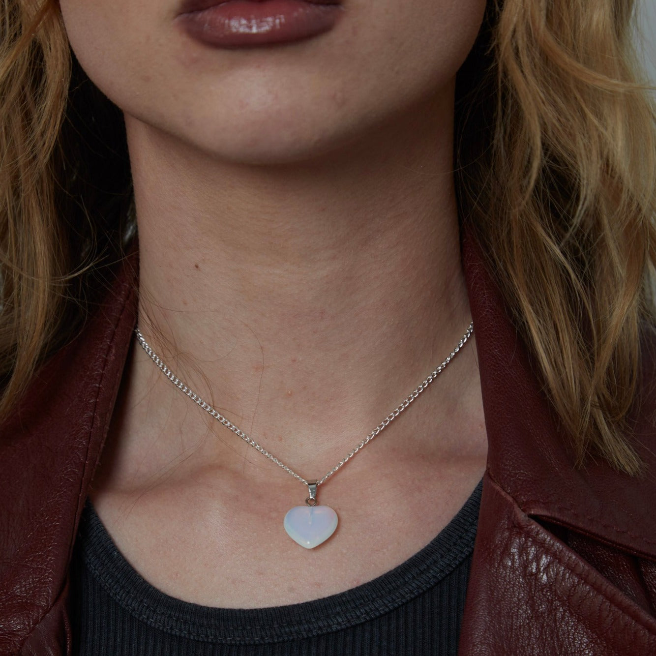 Silver Opal Heart Charm Necklace