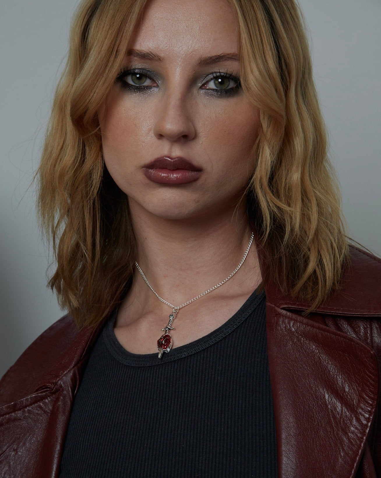 Silver Skull Sword Heart Charm Necklace