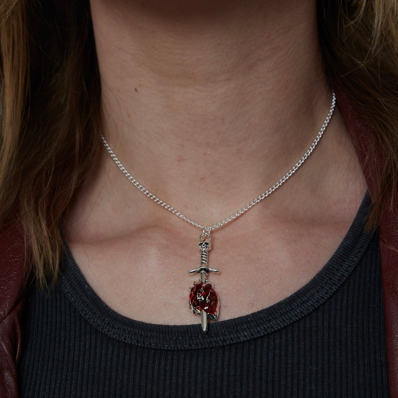 Silver Skull Sword Heart Charm Necklace