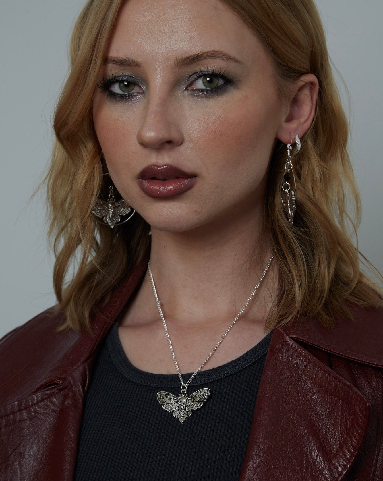 Large Silver Moth Circle Hoop Earrings