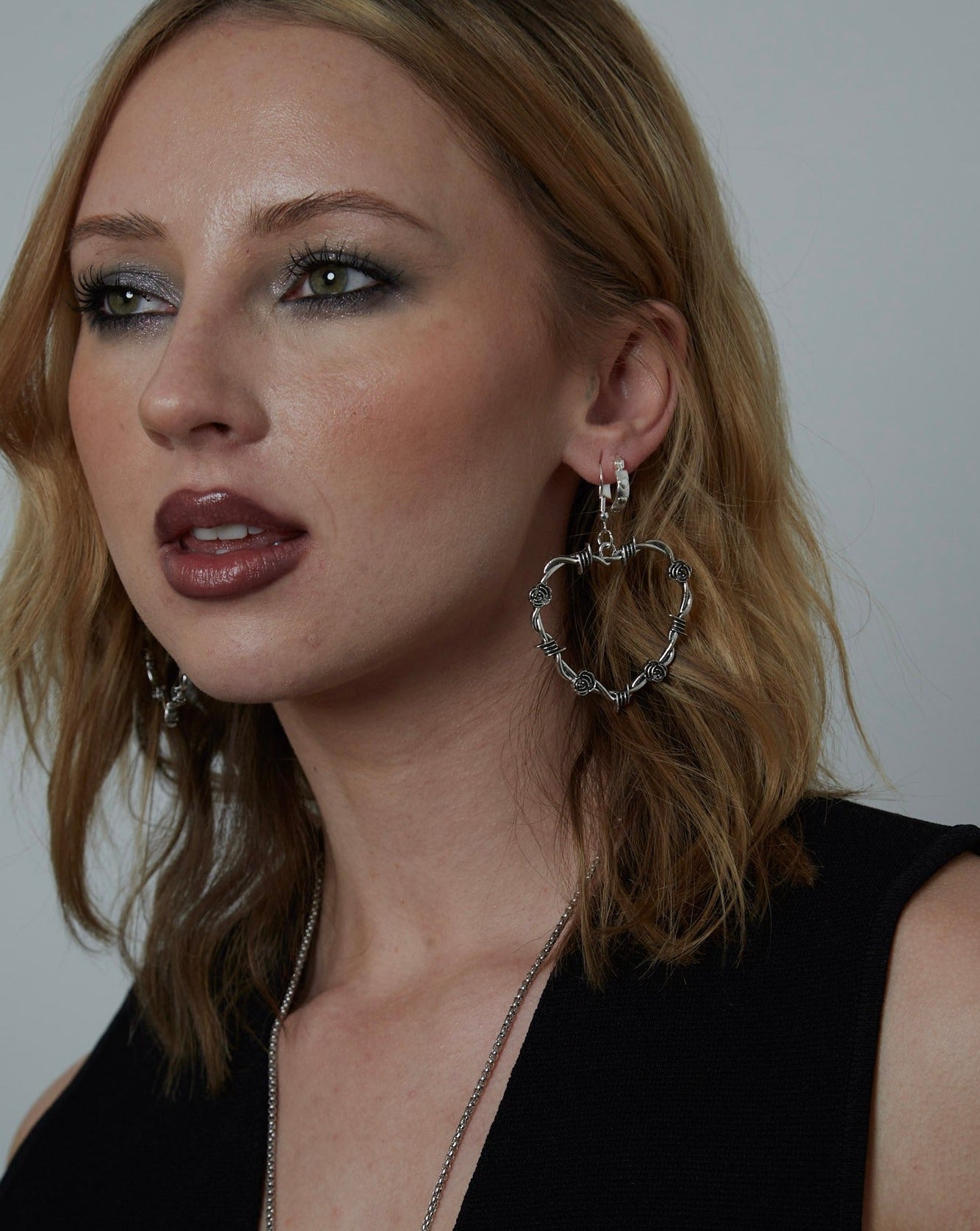 Silver Barbed Wire Rose Heart Charm Earrings