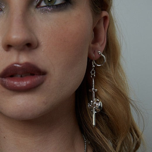 Silver Sword and Skull Charm Earrings