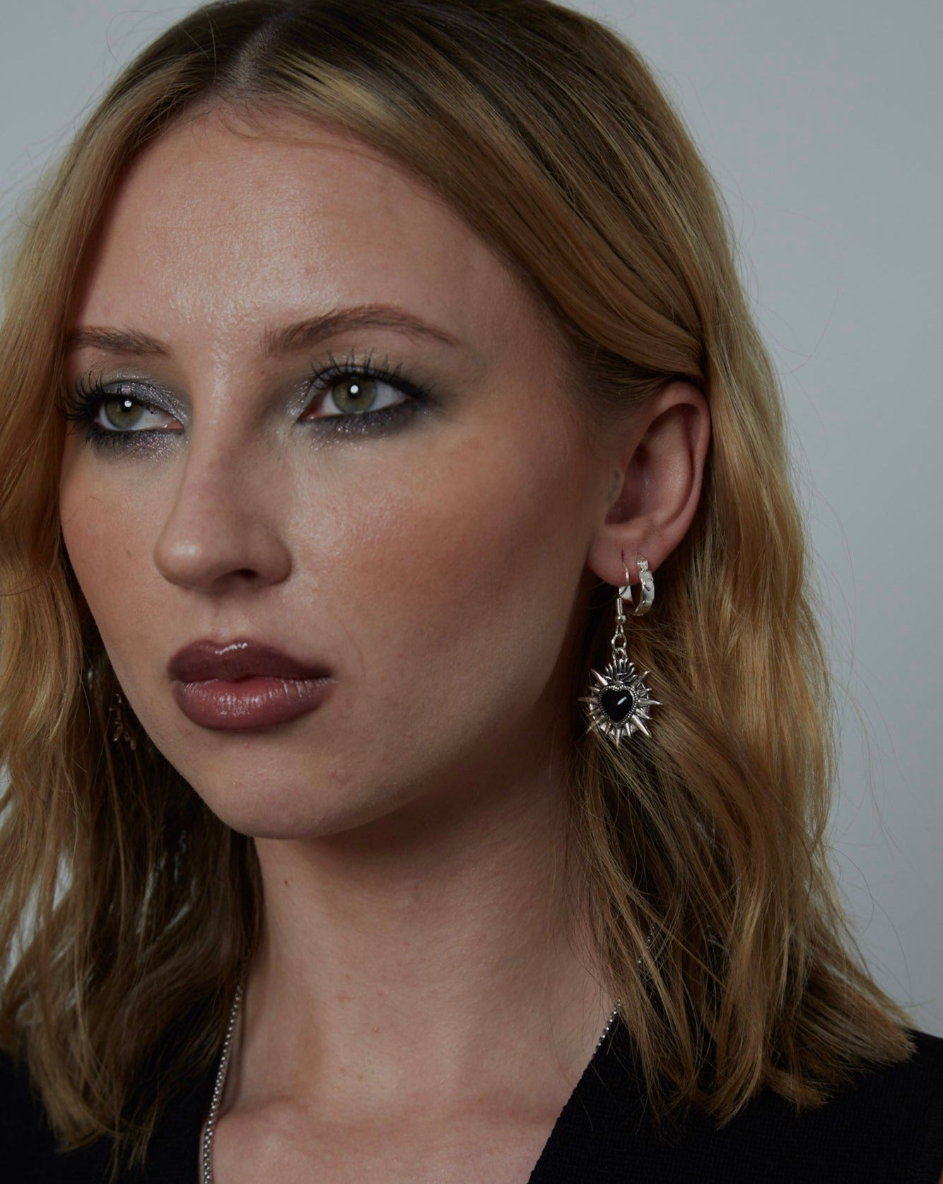 Silver Sacred Flaming Black Heart Charm Earrings