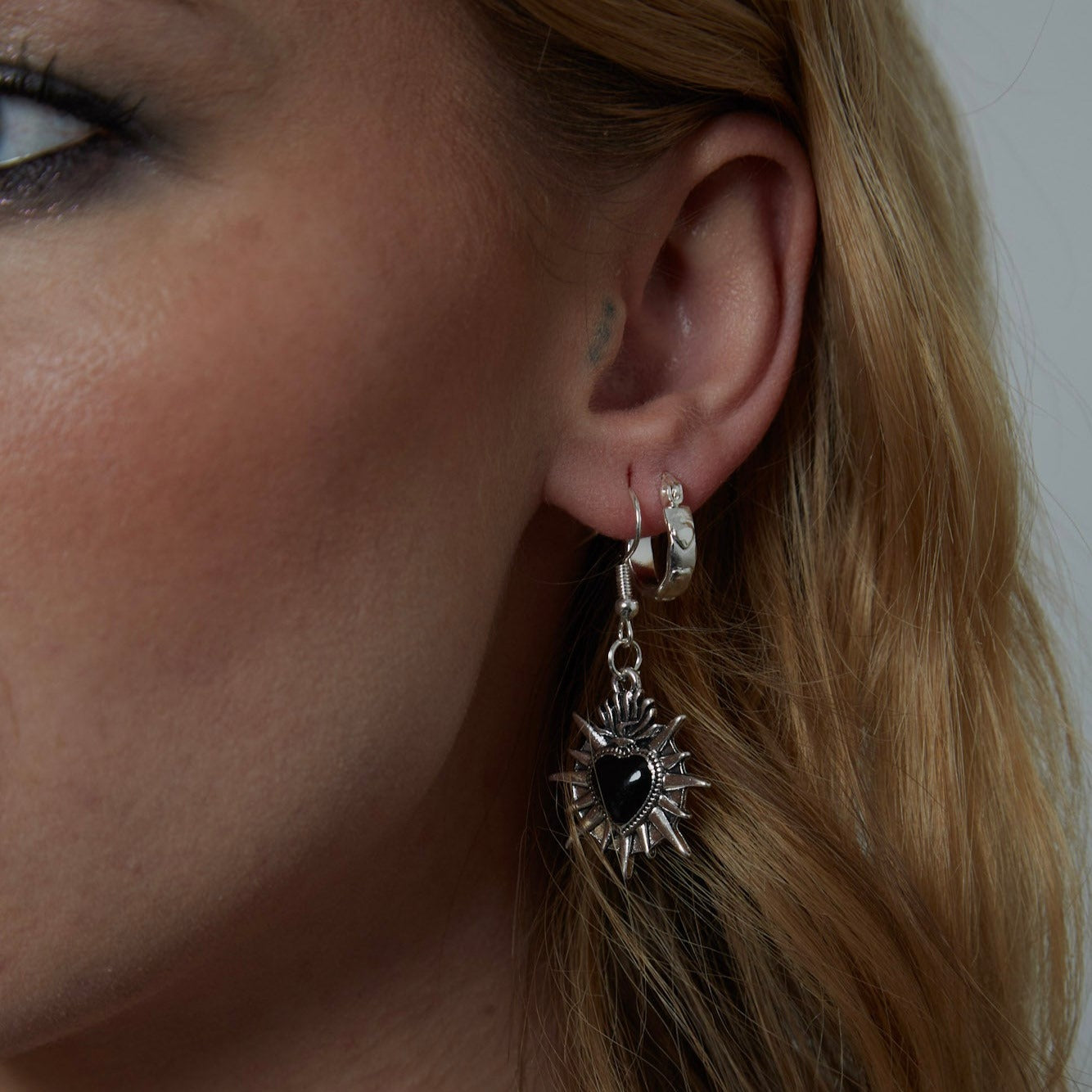 Silver Sacred Flaming Black Heart Charm Earrings