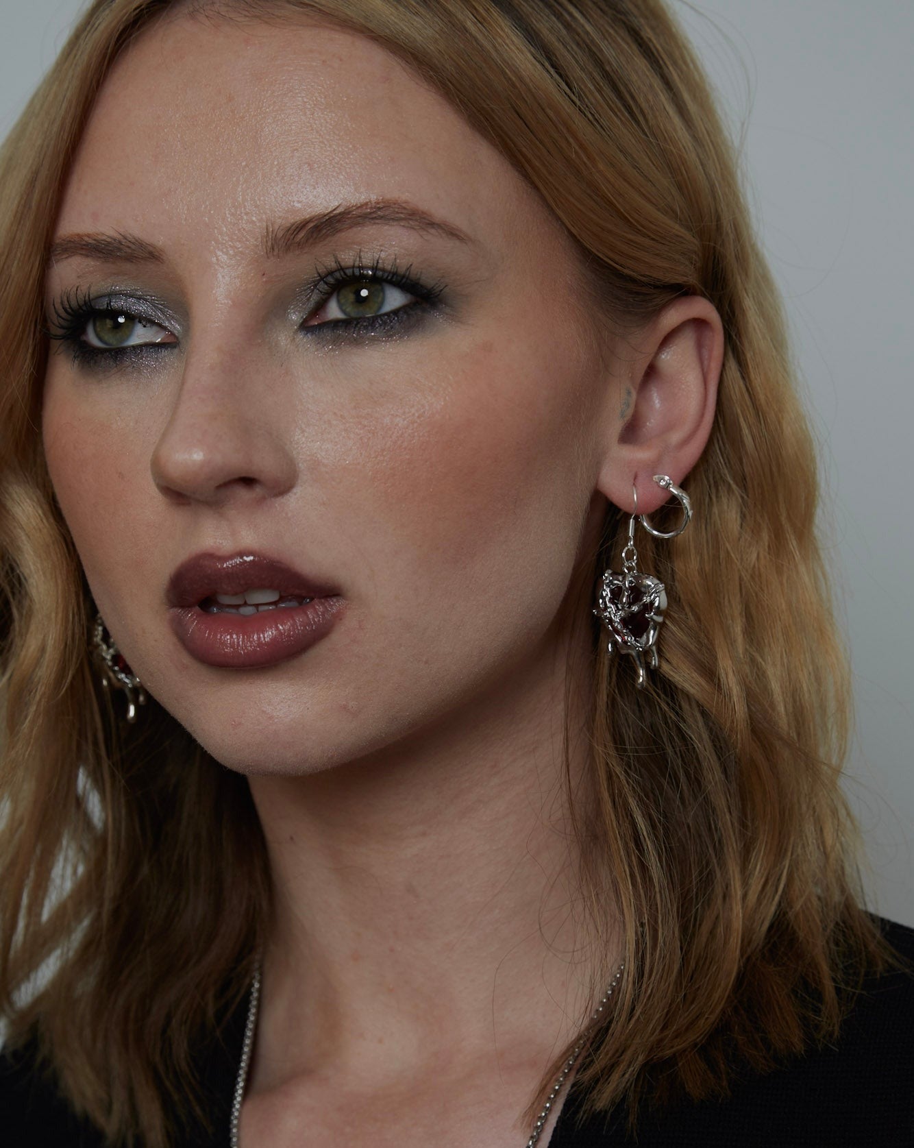 Silver Red Resin Melting Heart Charm Earrings