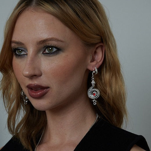 Silver Gothic Python Snake with Red Stone Charm Earrings
