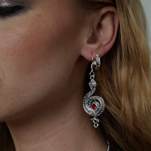 Silver Gothic Python Snake with Red Stone Charm Earrings
