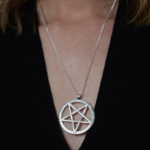 Large Silver Gothic Pentagram Charm Necklace