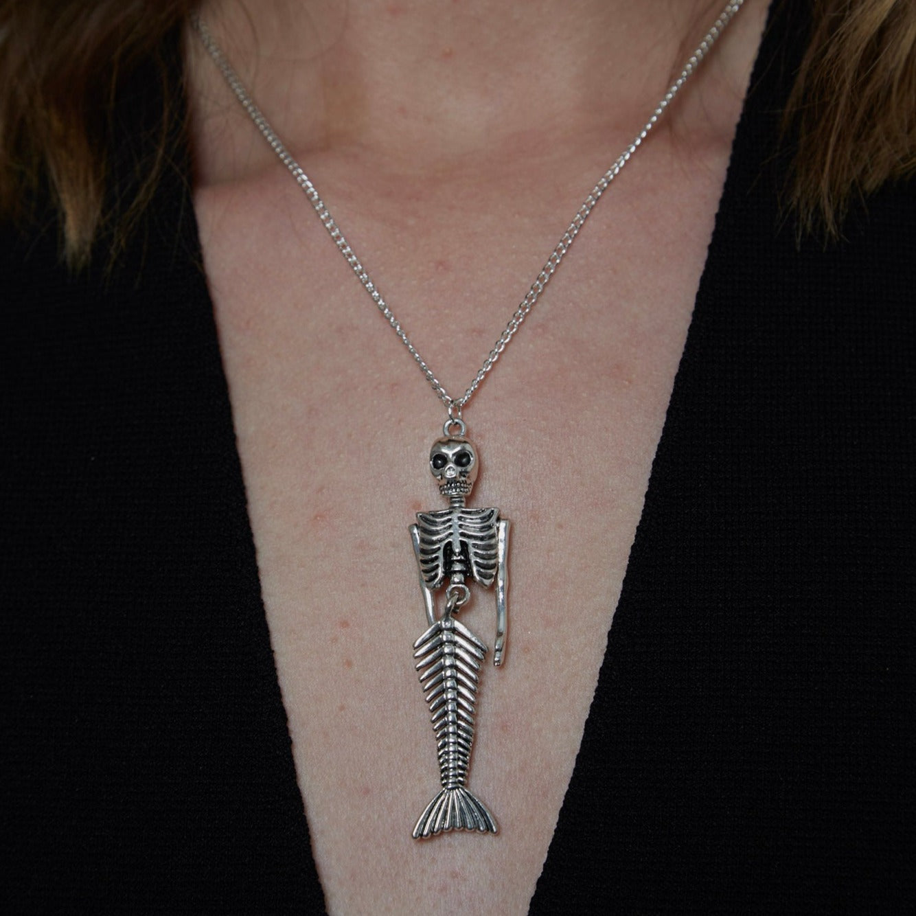 Giant Silver Skeleton Mermaid Necklace