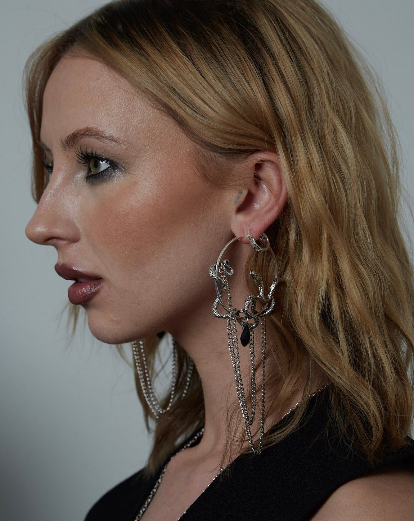 Silver Gothic Snake Hoop Chain Earrings