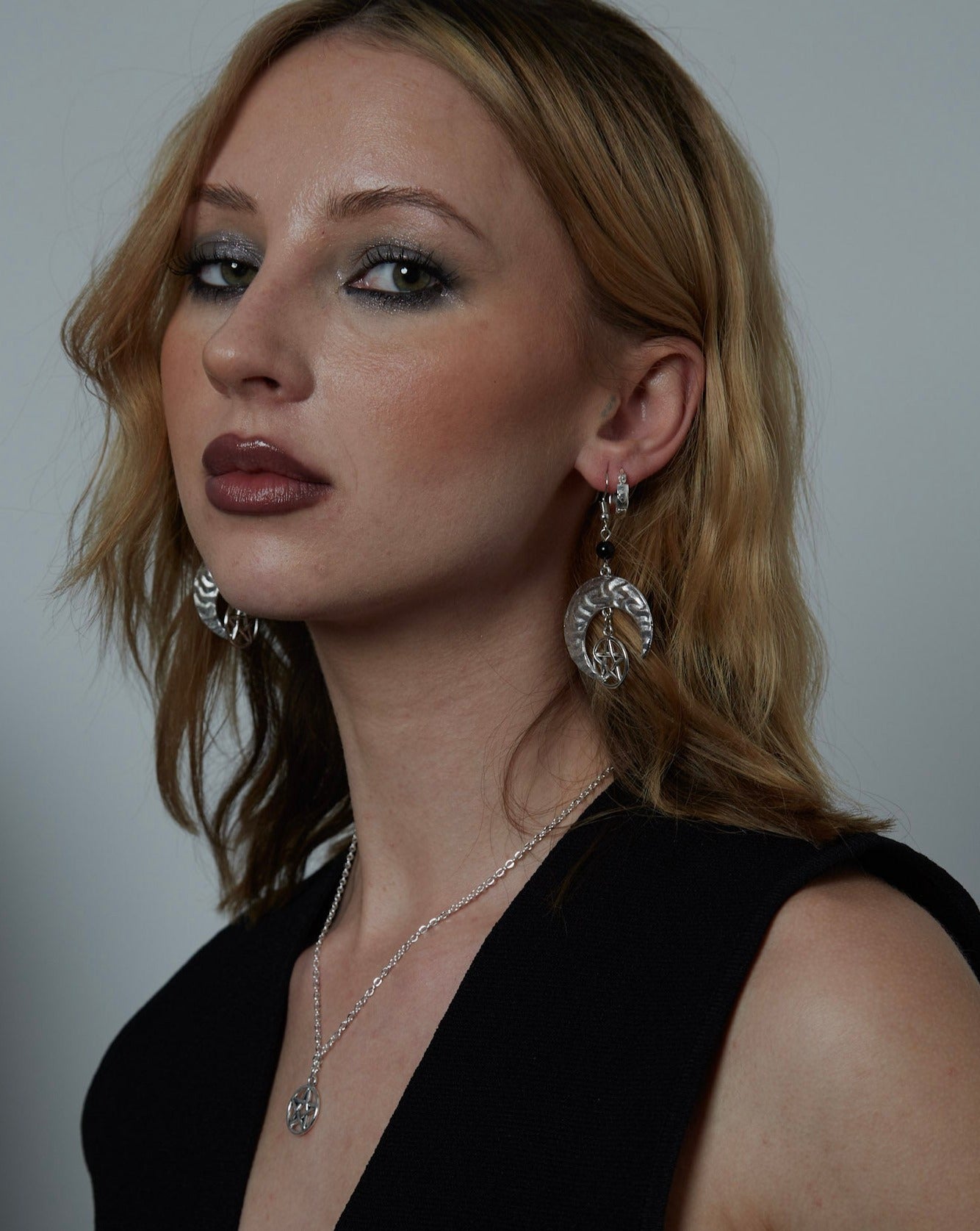 Silver Gothic Moon Pentagram Charm Earrings