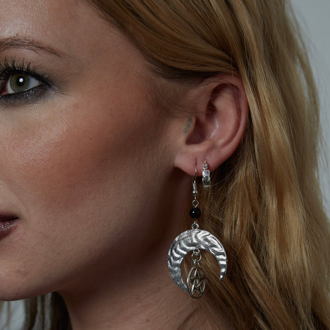 Silver Gothic Moon Pentagram Charm Earrings