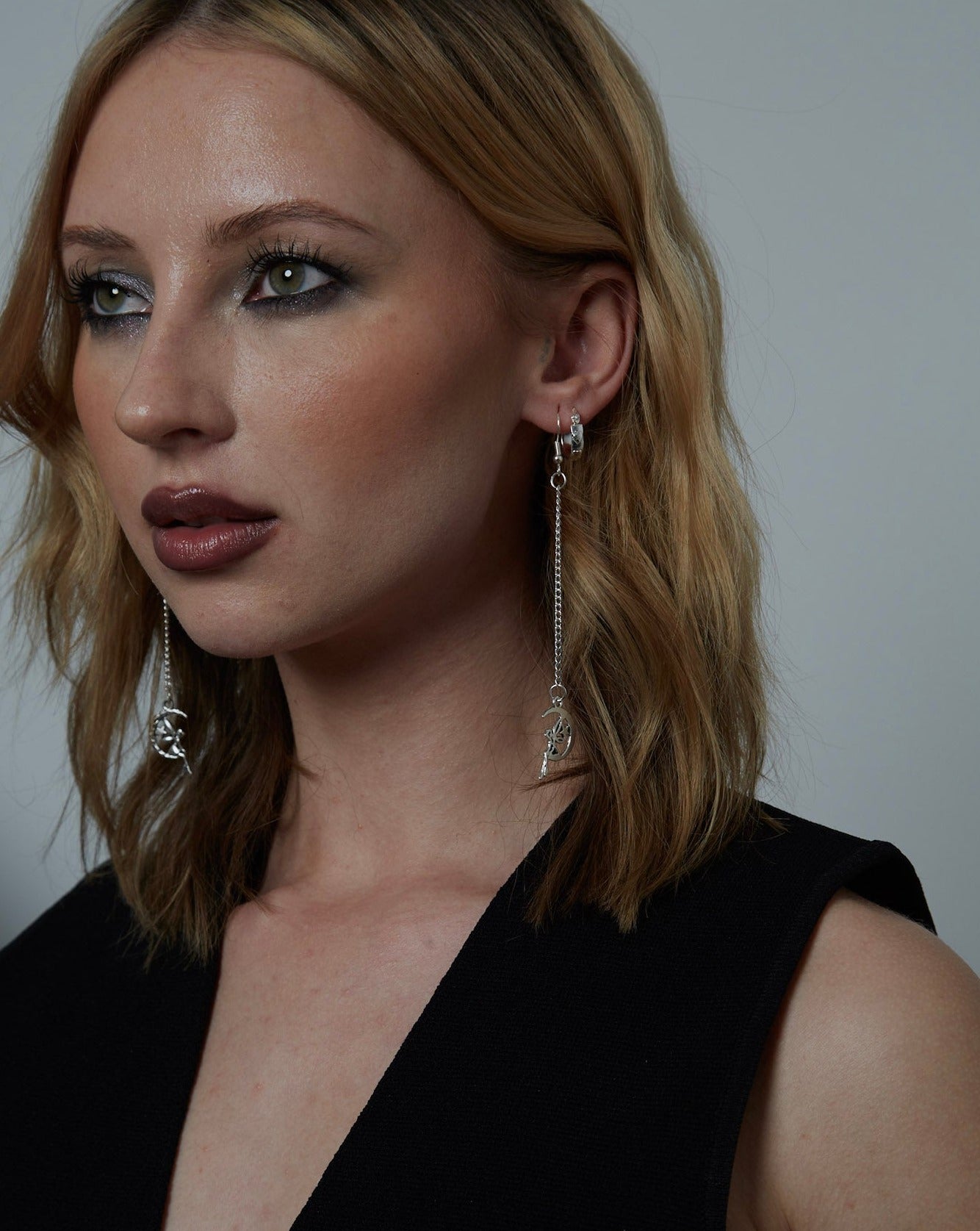 Silver Fairy Angel Moon Chain Charm Earrings