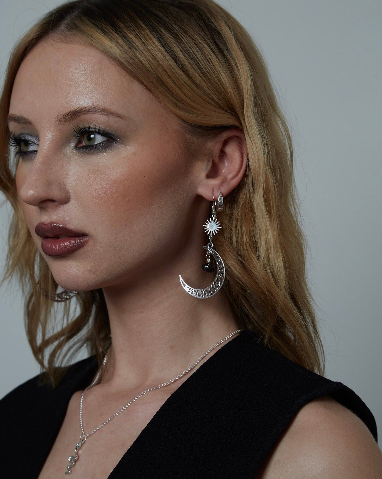 Silver Amethyst Crescent Moon & Sun Charm Earrings