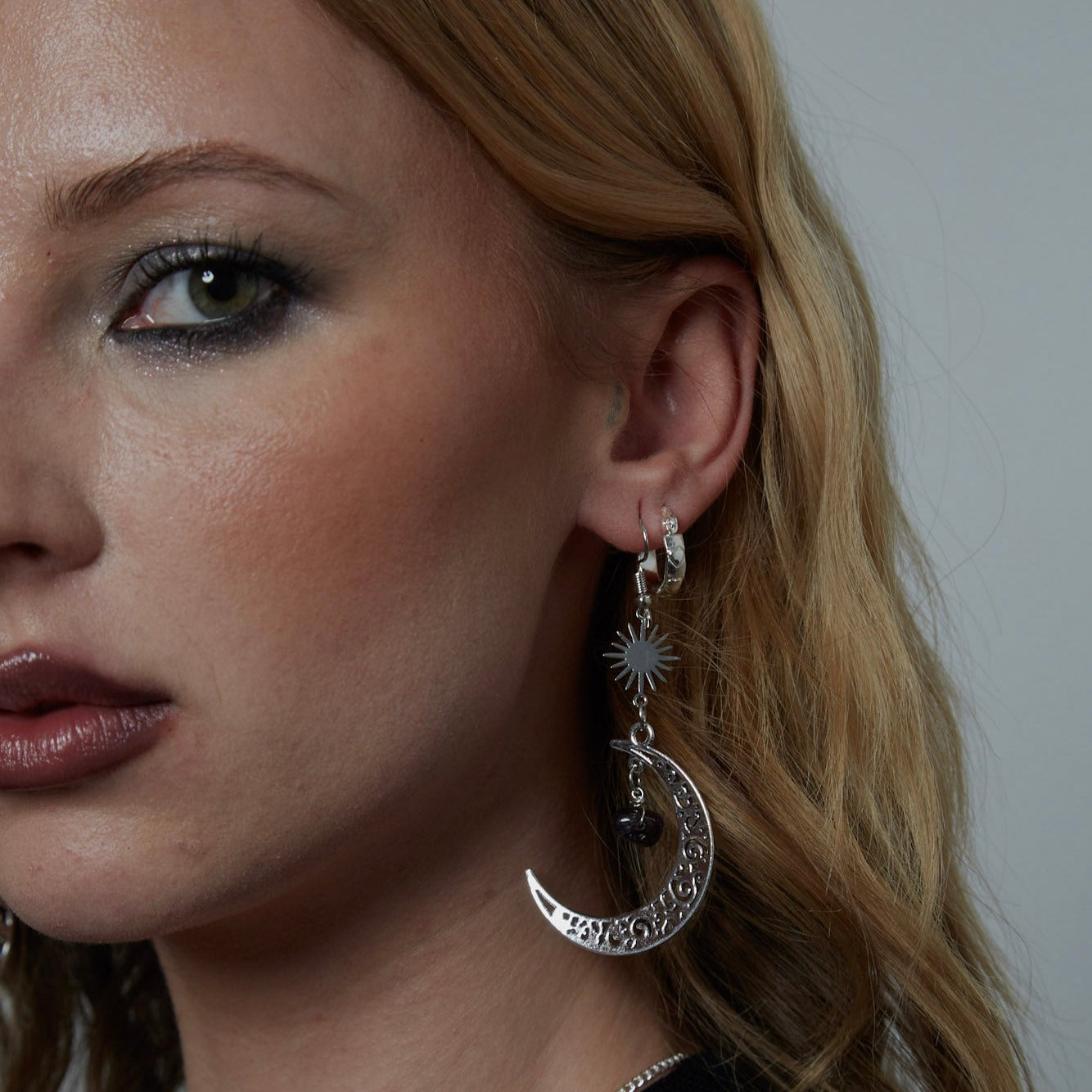 Silver Amethyst Crescent Moon & Sun Charm Earrings