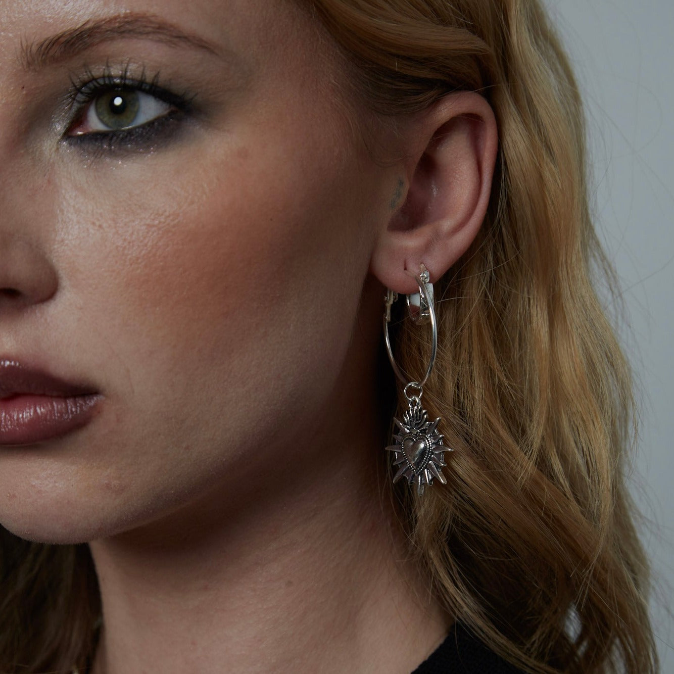 Silver Sacred Flaming Heart Charm Hoop Earrings