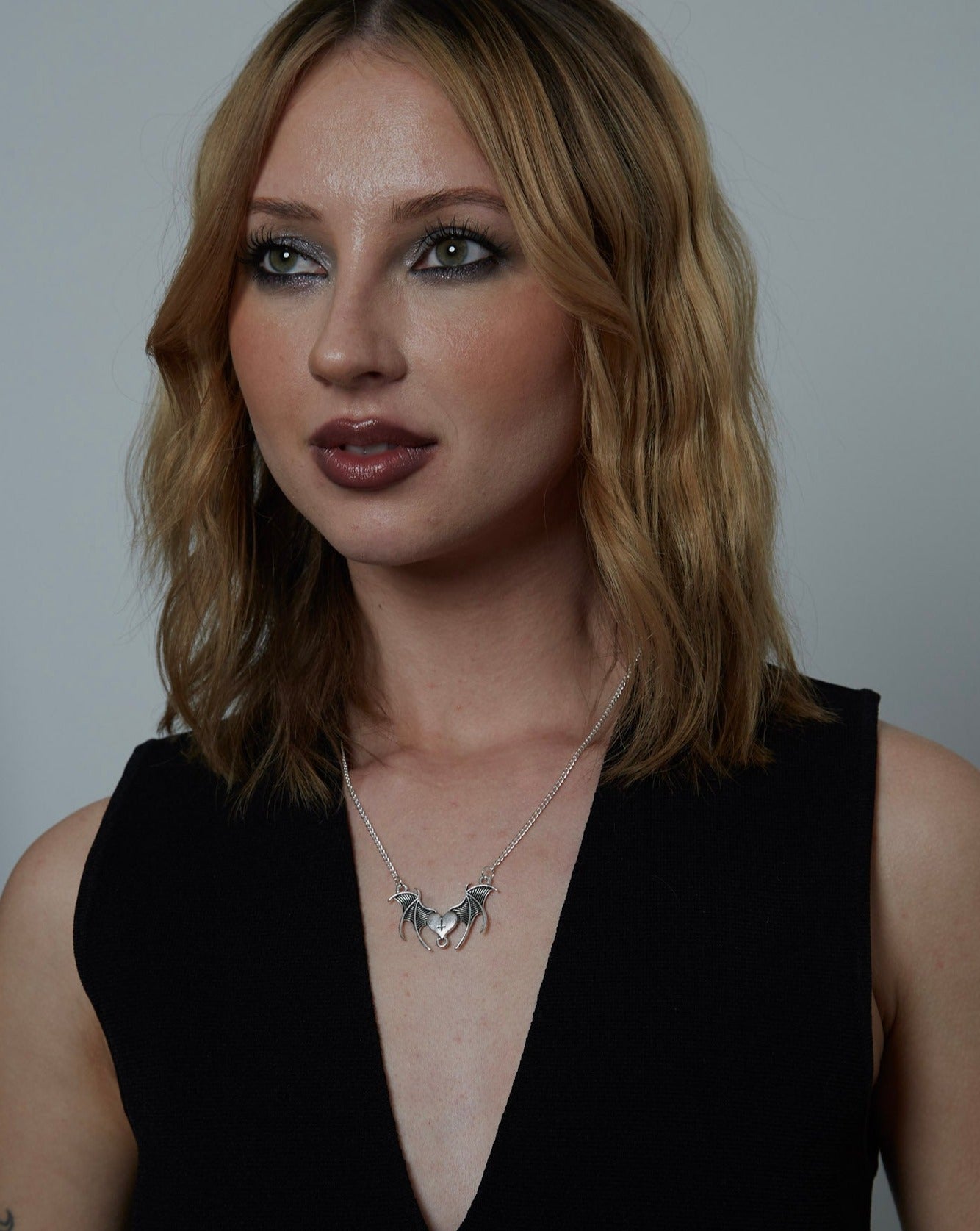 Silver Batwing Heart Charm Necklace